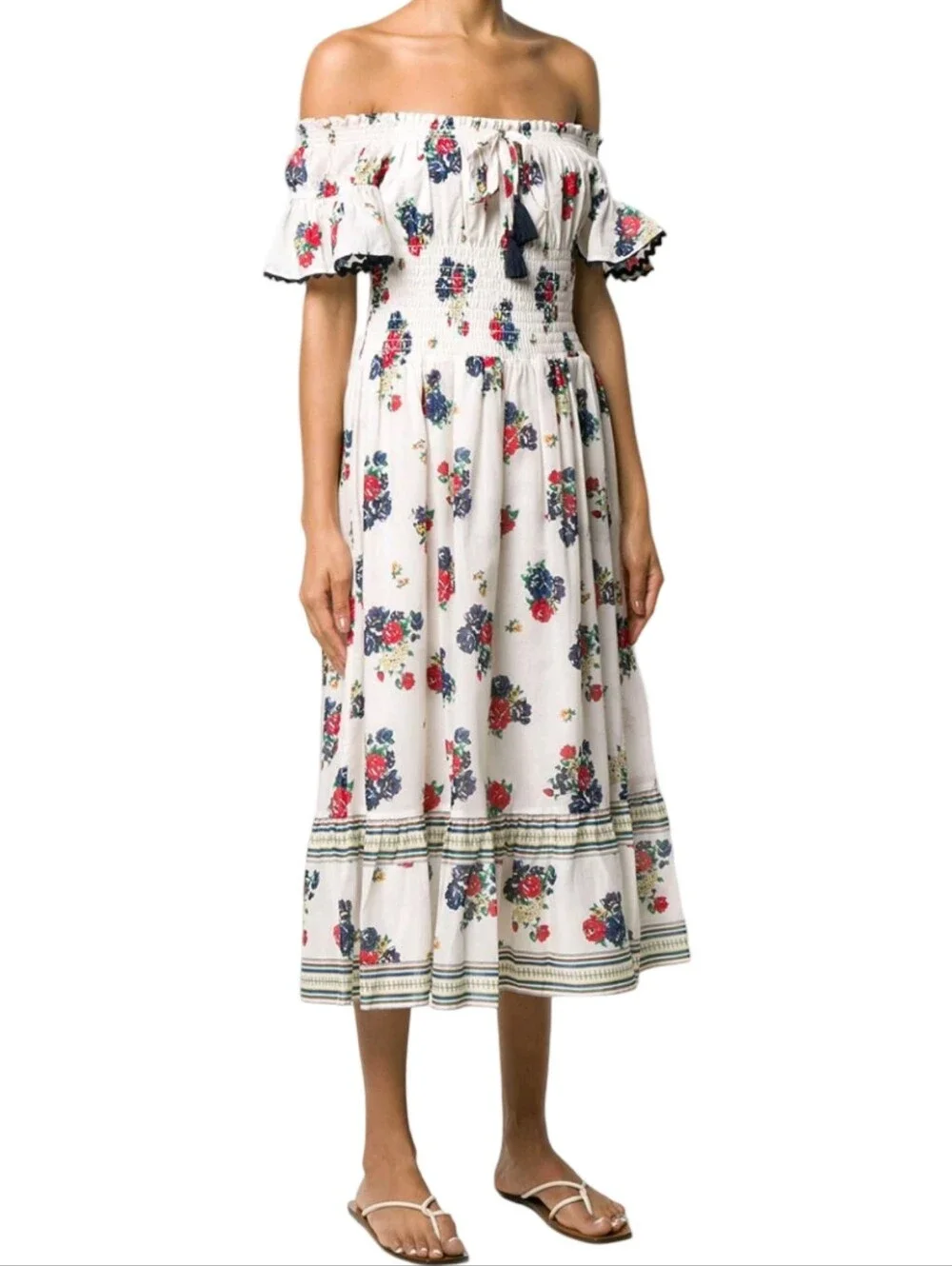 Tory Burch Meadow Folly Cotton Voile Midi Dress with a red and blue floral print